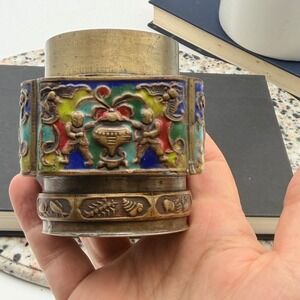 Antique Chinese Brass Enamel Repousse Tea Caddy Figures Sea Life Decor No Lid